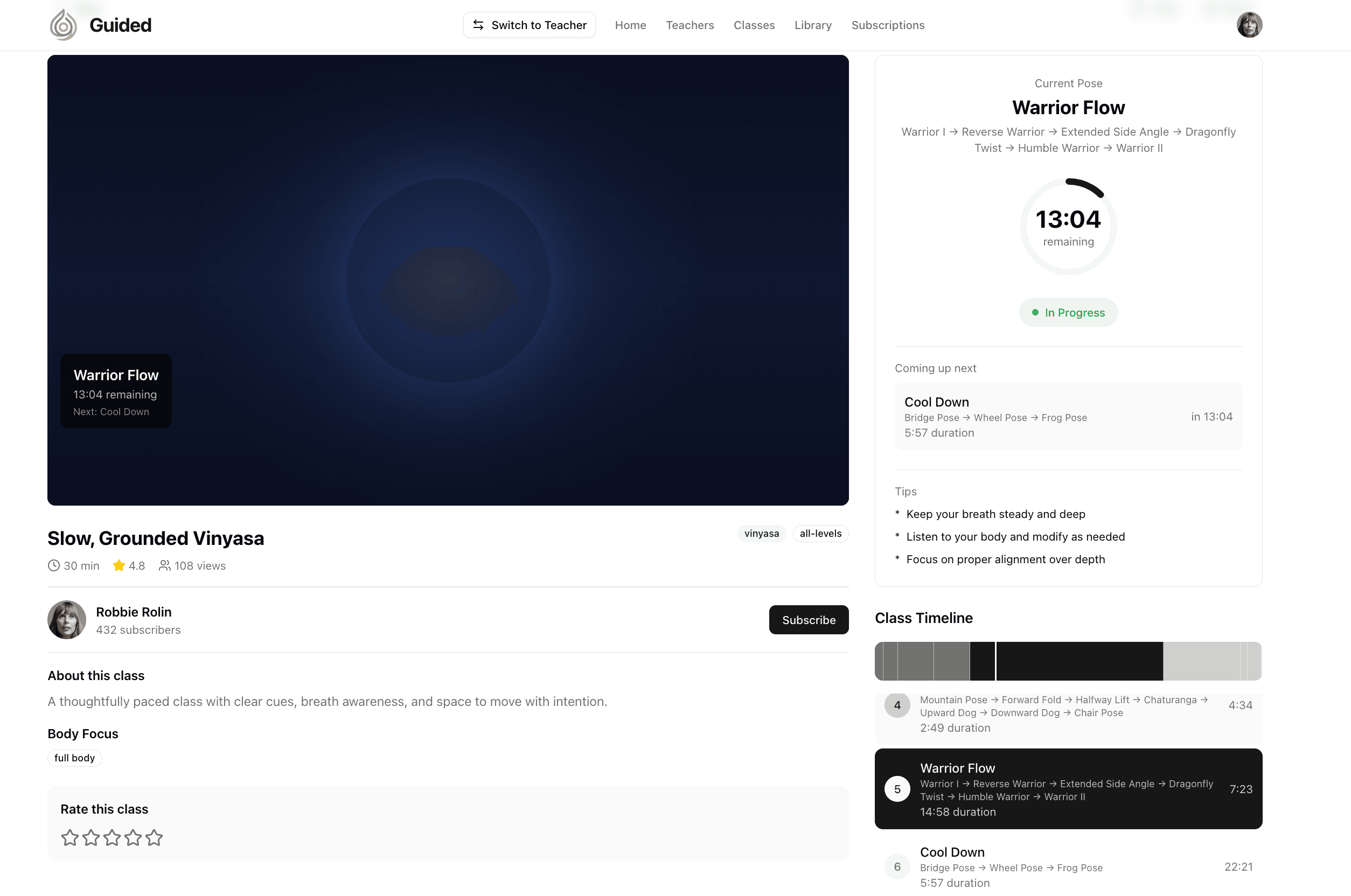 Guided yoga class playback interface